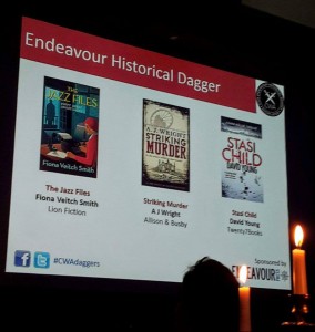 Illustrious company. The Jazz Files alongside fellow nominees AJ Wright’s Striking Murder (wonderful book) and David Young’s Stasi Child (a worthy winner).